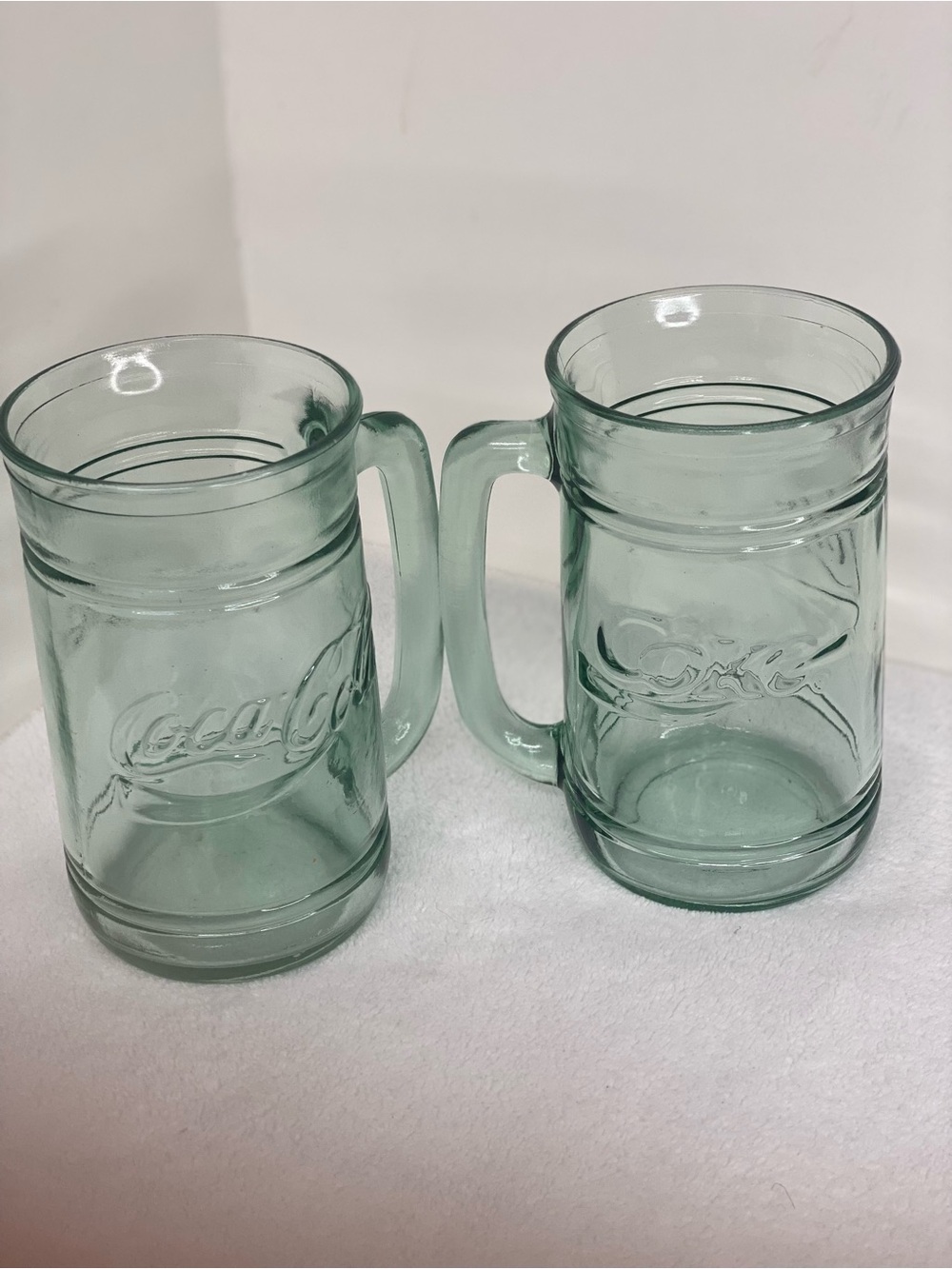 Coca Cola Coke Green Glass Stein Mug W/Handle Set of 2 Drinking Glass Beverage
